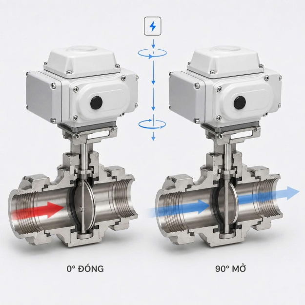 Van bướm điện nối rắc co inox vi sinh