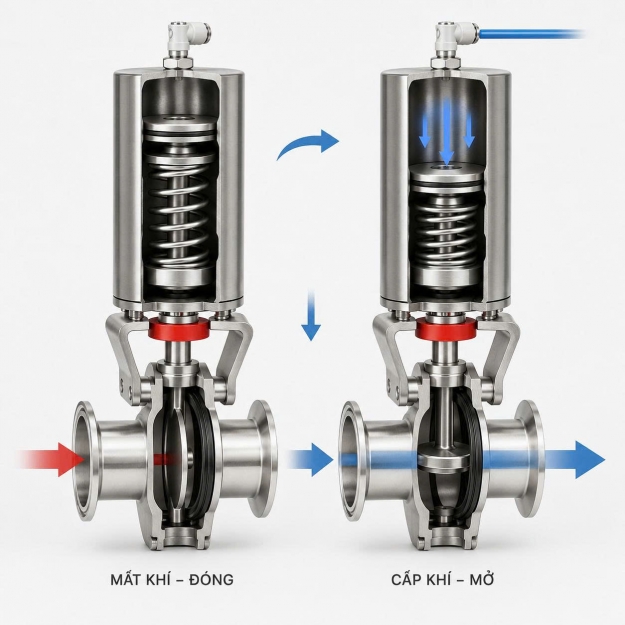 Van bướm khí nén nối clamp inox vi sinh